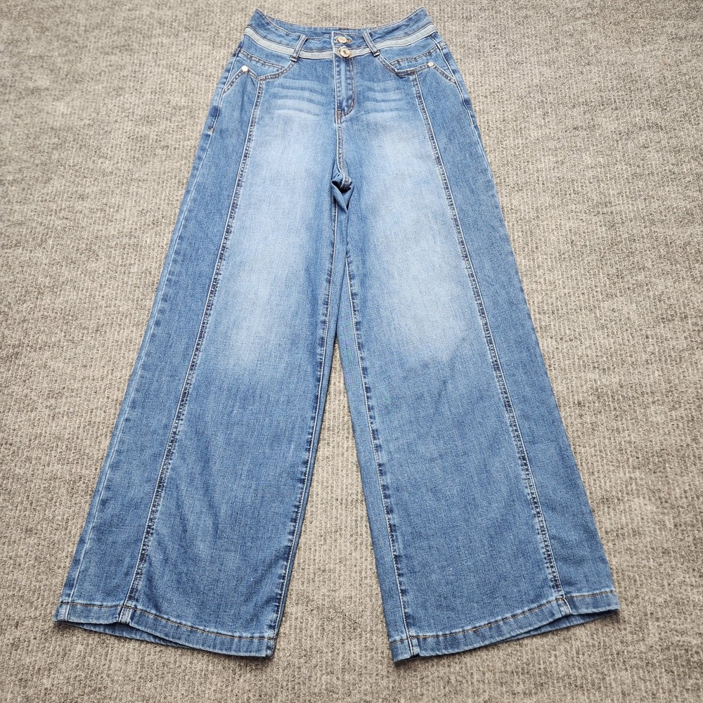ARACHI&CLOZ Wide-Leg Jeans Womens S Blue Light Wash High Rise Stretch Denim